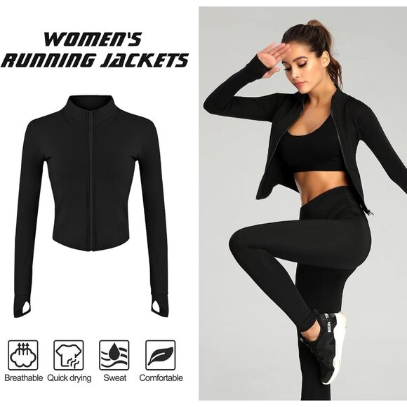 Feoya Womens Black Long Sleeves Athletic Tank Top Full Zip Up T shirt for Yoga - Picture 5 of 7